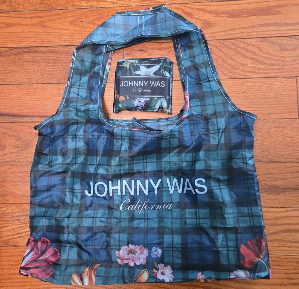 Johnny Was Green Blue Plaid Foldable Floral Tote